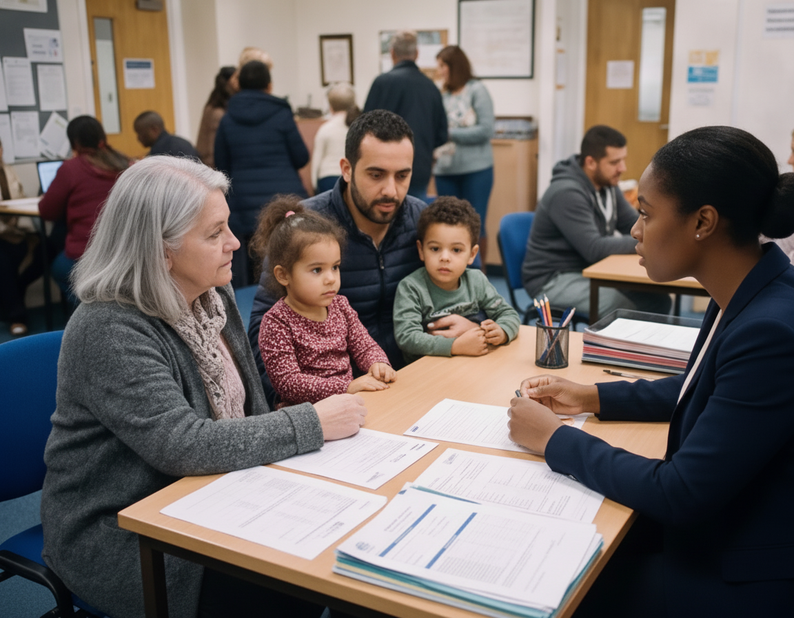 Interpreter helping a family through immigration paperwork