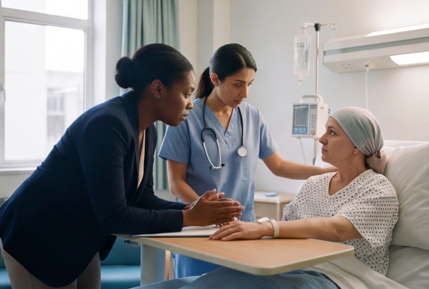 Interpreter with a nurse and patient in a hospital room